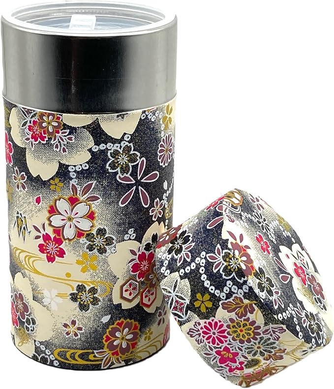 Japanese Tea Canister Tin Hanatsudumi(Flower Drum) DarkBlue black/Double Lid/Japanese Washi Paper Pasted /200g Tea Capacity/Loose Leaf Tea Storage/Storage Container with Lid