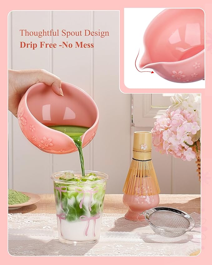 Matcha Whisk Set, 6pcs Matcha Kit Includes Matcha Bowl with Spout, Bamboo Whisk & Scoop with Cute Charm, Chasen Holder, Innovative Sifter, Tea Mat for Latte Making, Pink