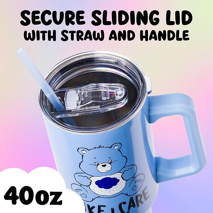 Silver Buffalo Care Bears Grumpy Bear Like I Care Double Walled Stainless Steel Tumbler with Handle and Straw, Fits in Standard Cup Holder, 40 Ounces