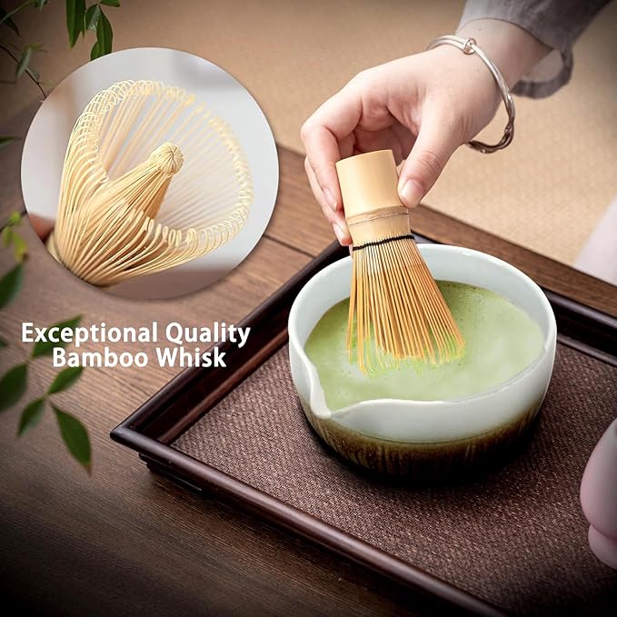Matcha Whisk Set, Matcha Set, 6 Pieces, with Bamboo Whisk, Ceramic Bowl & Sifter Complete Matcha Powder Tea Includes Scoop & Spout Bowl, Traditional Japanese Tea Accessories for Home (set of 6 - B)