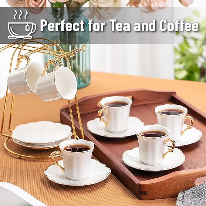 BTaT- Turkish Coffee Cup Set, 3 oz, 6 Pairs (12 pcs), Elegant White Cups & Saucers with Gold Trim & Gift Box, Small Porcelain Espresso Set for Serving Greek, Arabic & Turkish Coffee, Gift Giving