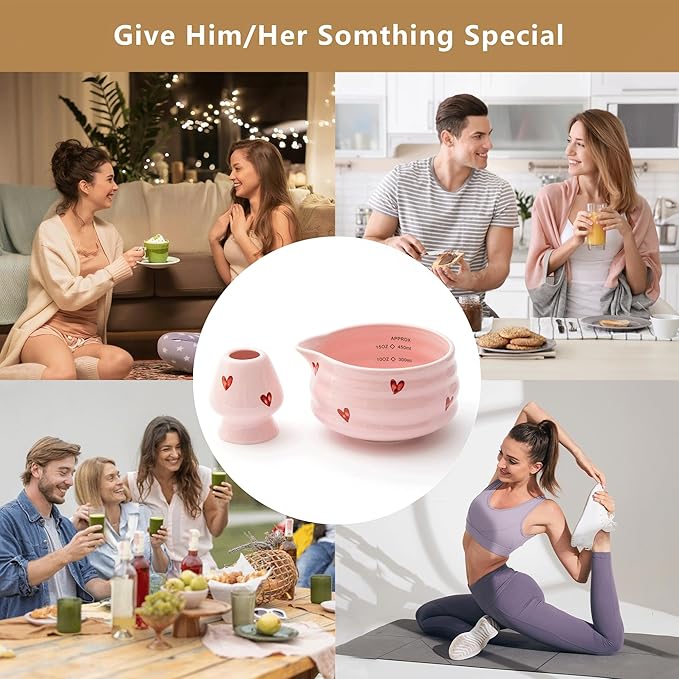 2pcs Matcha Bowl with Whisk Holder, Ceramic Pink Matcha Bowl with Spout, 16.5OZ Porcelain Bowl with Measurement Marks, Tea Mixing Bowl with Whisk Stand, Cute Valentine Gift (pink love)