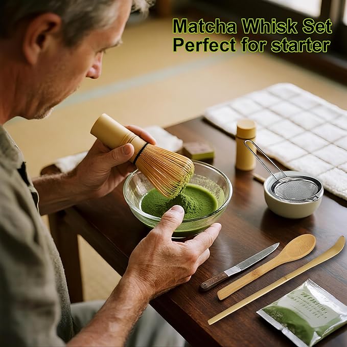 Bamboo Matcha Whisk Set 5Pcs, Matcha Whisk, Ceramic Whisk Holder (Green), Sifter, Traditional Tea Scoop and Tea Spoon, Japanese Matcha Ceremony, Gift for Matcha Lovers Beginner