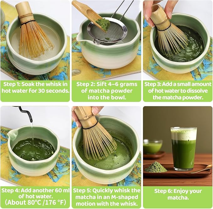 8PCS Matcha Whisk Set, Ceramic Matcha Kit Set, Japanese Tea Ceremony Tools with Matcha Bowl, Spoon, Bamboo Whisk, Holder, Sifter, Tea Cloth, Scoop and Scoop Stand (Dark Green and White)