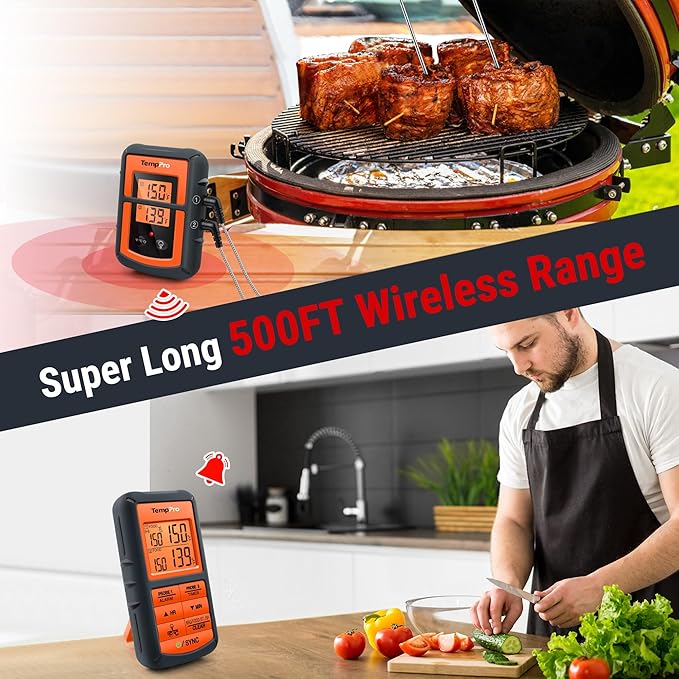 TempPro TP08B 500FT Wireless Meat Thermometer for Grilling Smoker BBQ Grill Oven Thermometer with Dual Probe Kitchen Cooking Steak Turkey Food Thermometer (Previously ThermoPro)