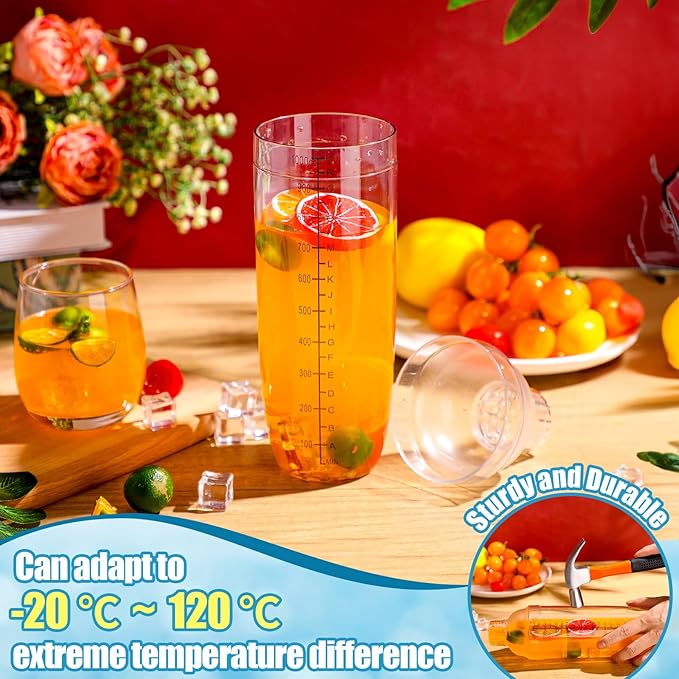 Lallisa 12 Pcs Plastic Cocktail Shaker Drink Mixer with Scales and Strainer Top Clear Shaker Cup with Measurement Plastic Mixing Tool for Tea Coffee Bubble Tea Milk(1000 Cc/ 34 oz)