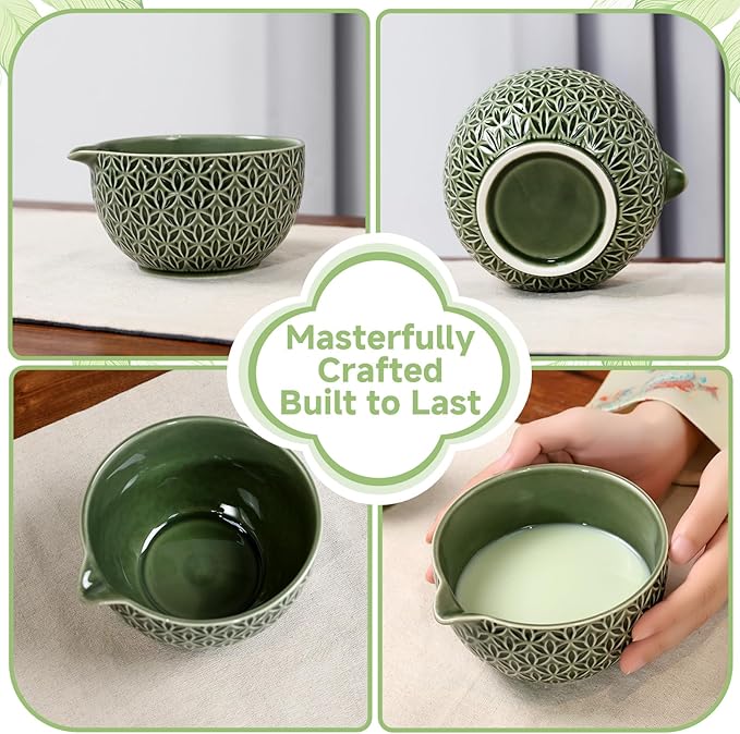 7 Pcs Matcha Whisk Set, Ceremony Matcha Kit with Matcha Bowl, Bamboo Whisk and Holder, Scoop and Scoop Rest, Sifter and Tea Towel, Gift for Matcha Lovers (Green/Bamboo Leaf-Patterned)
