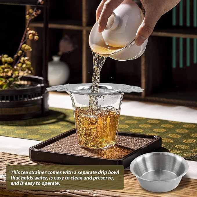 1 Set Silver Stainless Steel Tea Strainer with Drip Bowl, Mesh Loose Leaf Tea Infuser with Double Winged Handle