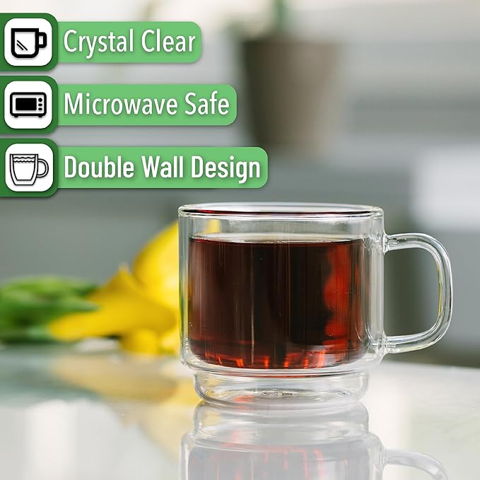 BTaT- Double Walled Stackable Glass Coffee Mugs, 12 oz, Set of 4, Glass Coffee Cups with Handle, Insulated Clear Coffee Mug for Hot and Cold Beverages, Cappuccino, Latte, Tea, Americano