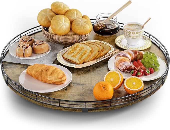Lazy Susan Turntable Organizer for Table Top, 21’’ Round Wooden Lazy Susan for Cabinet Kitchen Countertop Pantry Dining Coffee Table for Condiments Spices, Rustic Bathroom Vanity Tray for Soap Candle by HGF
