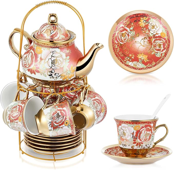Zhehao 20 Pcs Porcelain Tea Set with Metal Holder and Spoon Adult Ceramic Tea Set European Flower Painting Teapot Cup Saucer Spoon for Women, Large Version(Noble Style)