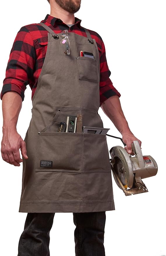 Hudson Durable Goods Heavy Duty Waxed Canvas Work Apron with Tool Pockets (Black), Cross-Back Straps & Adjustable M to XXL (Grey) - Image 2