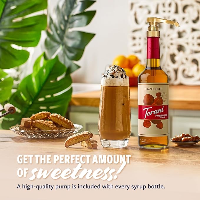 Torani Puremade Syrup, Hazelnut Flavoring for Drinks, GMO Free, Glass Bottle with Pump Included, 25.4 Fl Oz