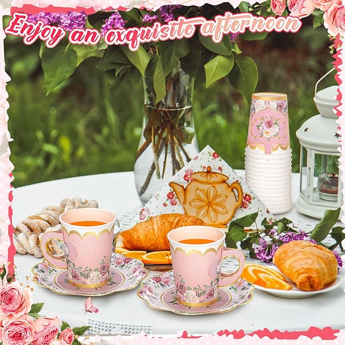 Domensi 60 Pieces Tea Party Decorations Include 30 Pcs 9 oz Paper Cups with Handle and 30 Pcs Tea Party Paper Plates Disposable Blossom Teacups and Saucers for wedding Favors(Elegant)
