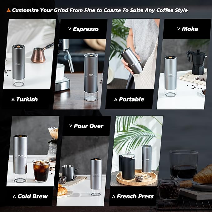 Portable Electric Coffee Grinder, Rechargeable Wireless Handheld Grinder with Stainless Steel Conical Burr, Adjustable Grind Settings, for Espresso, Moka, Pour Over, French Press, Cold Brew
