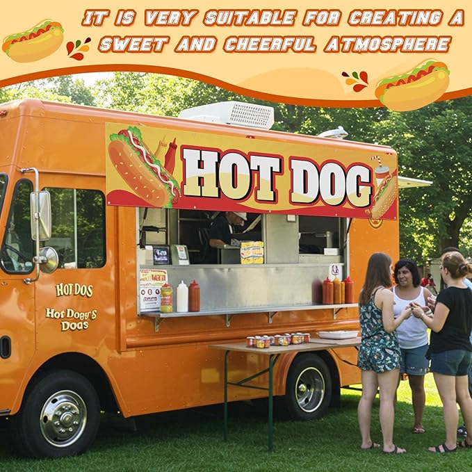 Tegeme Hot Dog Banner Sign for Shop Truck Decor 2x10 Ft/ 24x120 Inch Hot Dog Party Decorations Hotdog Birthday Party Supplies with 10 Grommets for Easy Hang Indoor Outdoor