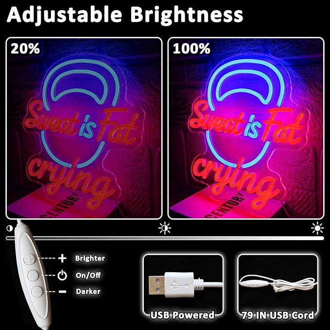 Sweat Is Fat Crying Neon Sign for Wall Decor Dimmable Gym Led Sign for Fitness Room Funny Neon Light for Workout Room Garage Man Cave Club Party Decor Gift for Trainer Exercise Lover