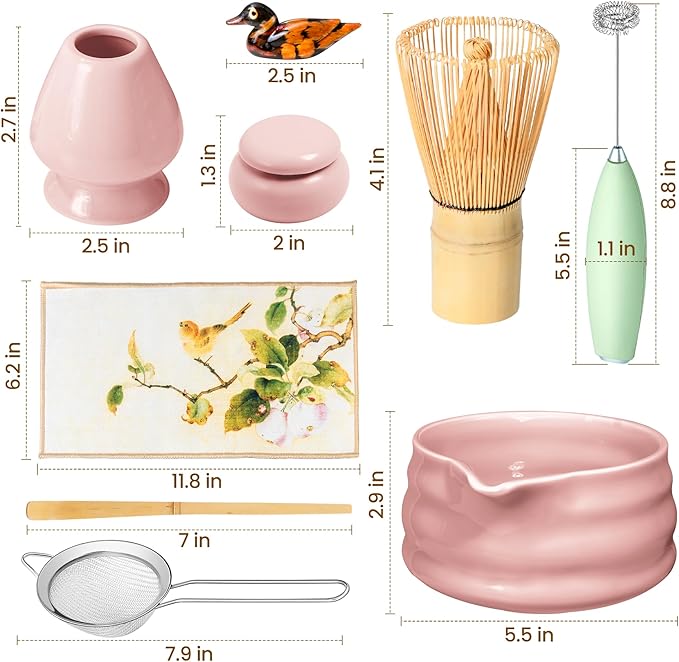 Matcha Whisk Set and Bowl, Matcha Making Kit Whisk, Bowl With Spout, Sifter, Ceramic Whisk Holder, Spoon Japanese Tea Powder Starter Tools For Ceremony Gift (Pink, 9 Pack)