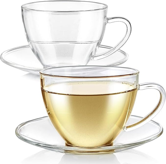 Teabloom Royal Teacup and Saucer Set 2-Pack – Standard Teacup Size – 6 OZ/ 180 ML Capacity – Crystal Clear Classic Design – Premium Borosilicate Glass – Durable and Heat Resistant