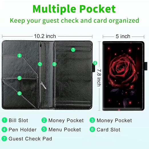 Server Books for Waitress, with 7 Large Pockets, Waiter Serving Book, Waitstaff Server Order Pads, Cute PU Leather Server Book with Pen Holder Fit Server Apron, Red Rose - Image 3