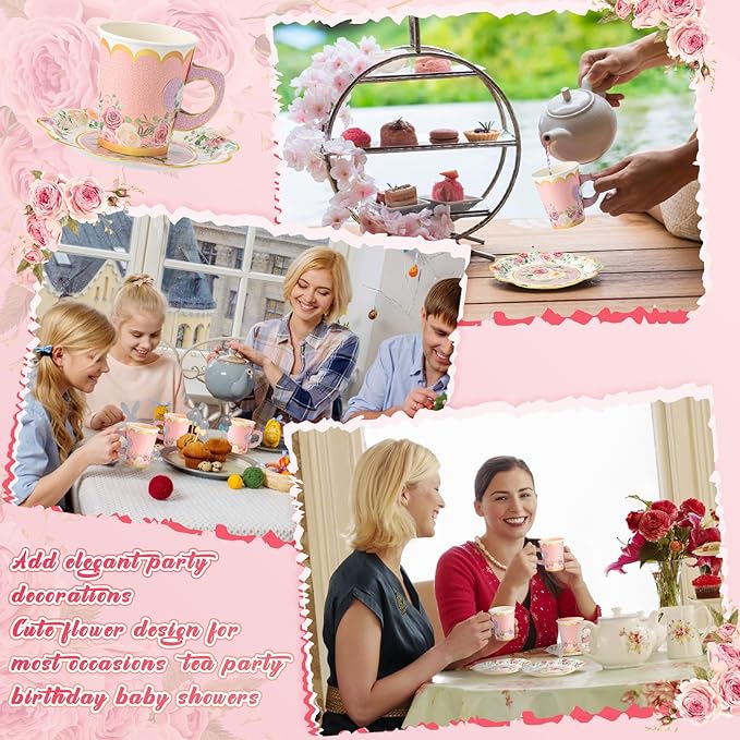 Tioncy 100 Pcs Tea Party Decorations Include 50 Pieces 9 oz Paper Tea Cups with Handle and 50 Plates Disposable Teacups and Saucers Sets for Birthday(Blossom)