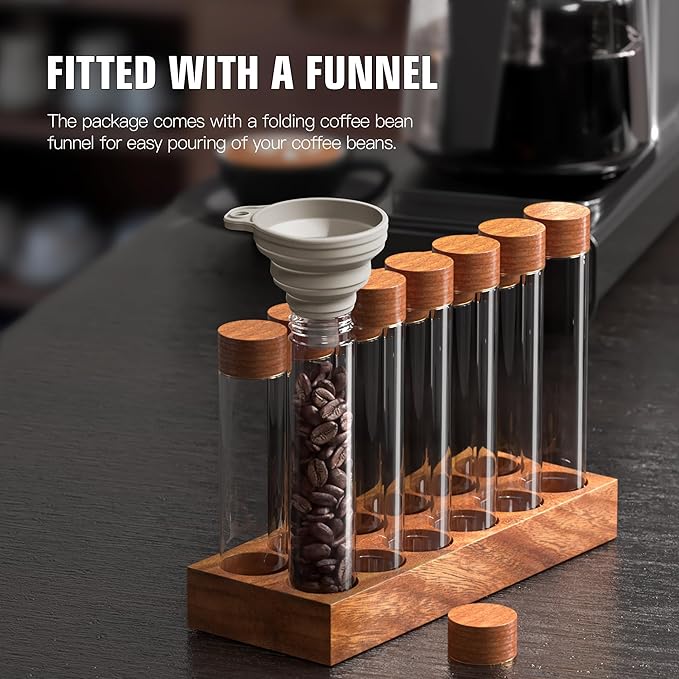 Coffee Bean Cellars with Stand & Hopper, Single Dose Coffee Bean Storage, 12 Pcs Espresso Bean Container with Wooden Holder, Dosing Glass Vials with Lids and Funnel for Coffee, Spices, Tea