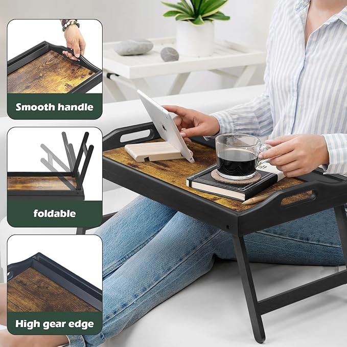 Tray Table for Bed, Bamboo Breakfast Serving Tray with Folding Legs and Handles, Laptop and Snack Bed Table with Cross Bar & Media Slot, Dark Brown with Black Legs, for Bedroom, Sofa, Kitchen