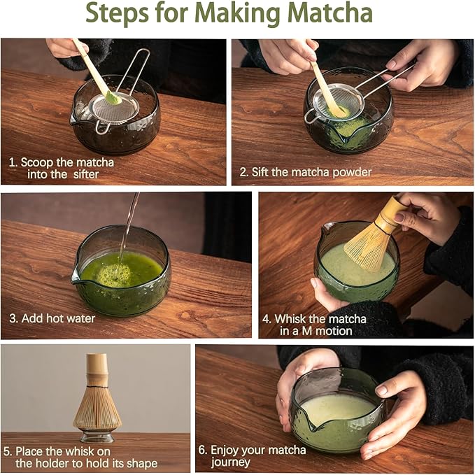 Matcha Whisk Set, Glass Matcha Kit Set Includes Matcha Bowl, Matcha Whisk and Holder, Bamboo Scoop, Scoop Rest, Sifter and Tea Towel - 7 Pcs Matcha Kit for Matcha Lovers (Black Gray)