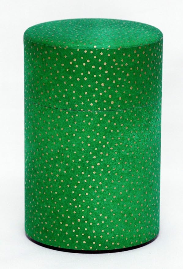 Washi Paper Tea Tin Canister: Long 5.3oz (150g) Dotted Green (#6), Japan