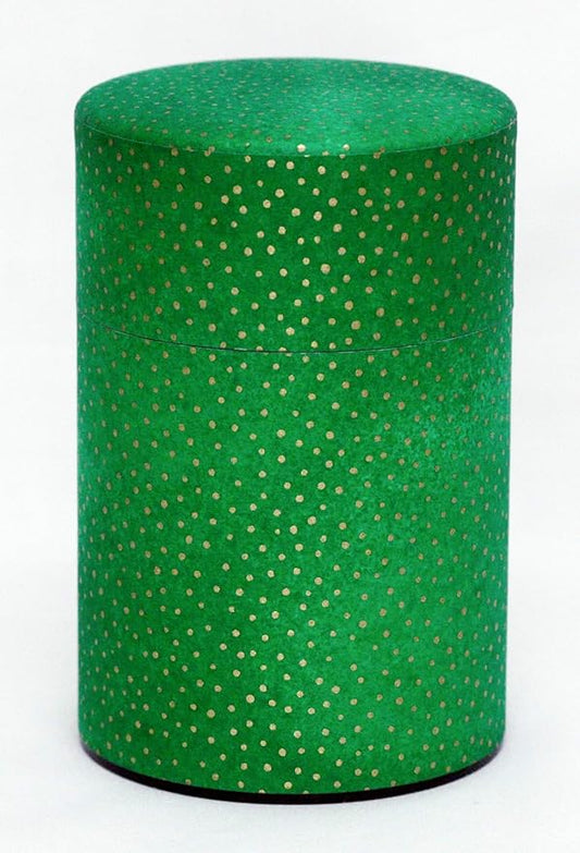 Washi Paper Tea Tin Canister: Long 5.3oz (150g) Dotted Green (#6), Japan