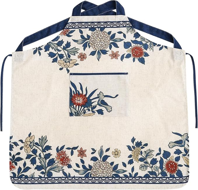 patdrea Blue Floral Linen Apron with Pocket,French Kitchen Garden Chef BBQ Aprons for Women and Men,Crisscross Back Straps by patdrea