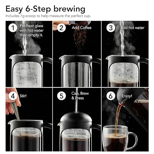 OVENTE French Press Coffee Maker 20 Ounce with Heat Resistant Borosilicate Glass & Stainless Steel 4-Level Filtration System, Portable Cold Brew Coffee Maker for Travel, Camping or Gift, Black FPB20B