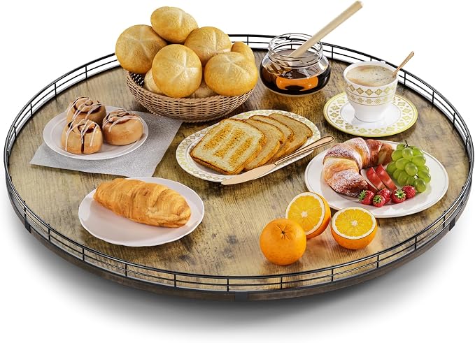 Lazy Susan Turntable Organizer for Table Top, 24’’ Round Wooden Lazy Susan for Cabinet Kitchen Countertop Pantry Dining Coffee Table for Condiments Spices, Rustic Bathroom Vanity Tray for Soap Candle by HGF
