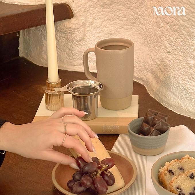 MORA Ceramics Large Tea Mug with Loose Leaf Infuser and Ceramic Lid, 18 oz, Portable, Microwave, Dishwasher Safe, Tall Coffee Cup - Rustic Matte Ceramic Glaze, Modern Herbal Tea Strainer, Mushroom
