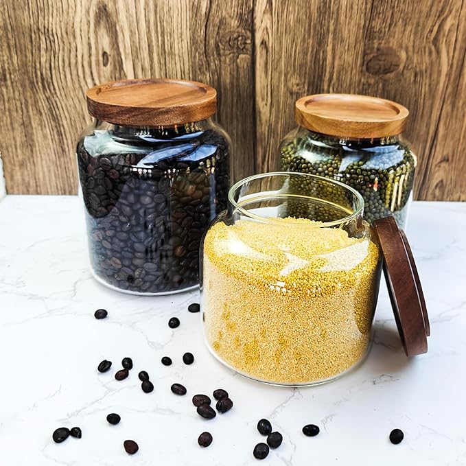1PC Glass Storage Jars with Airtight Lids, 64 fl oz (1900ml) coffee container with Wooden Lid, Glass Pantry Canister for Beans, Rice, Sugar and etc