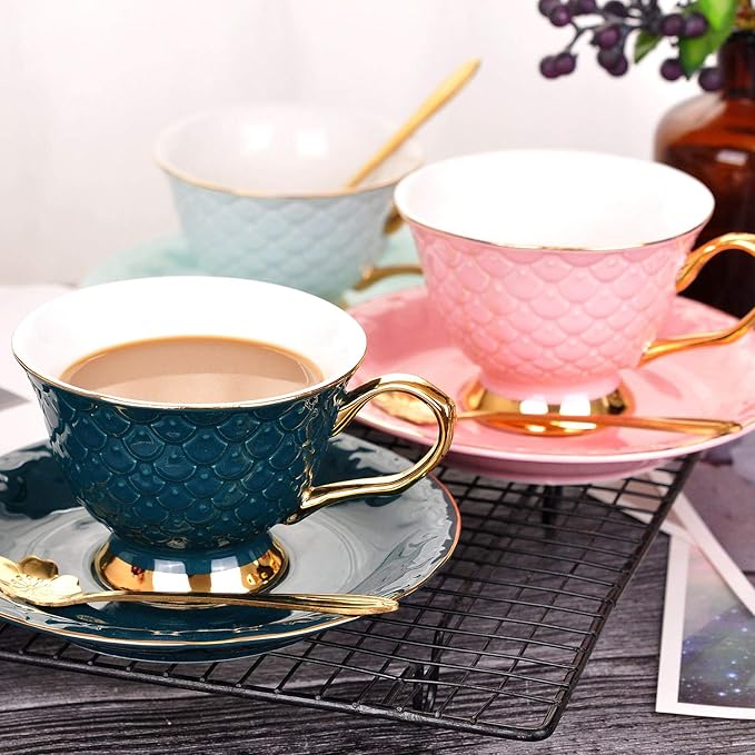 VanEnjoy Blue Vintage 8 Ounces Porcelain Coffee Cup, Tea Cup and Saucer Set and Saucer with Decorative Scale Pattern, vintage