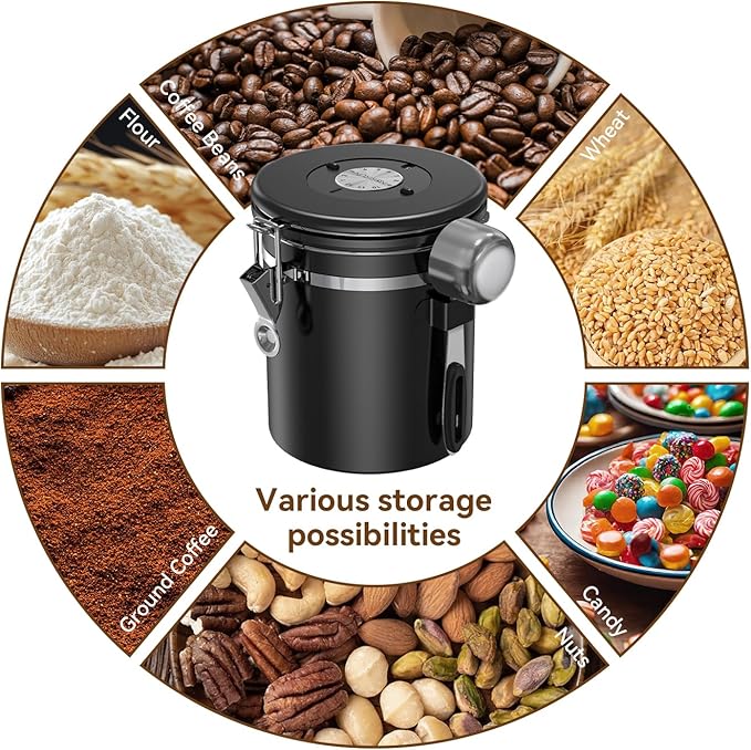 Coffee Canister with Window, 22oz Stainless Steel Airtight Container for Coffee Beans, Grounds, Tea, Sugar, Flour, Cereal - Includes Date Tracker & Scoop