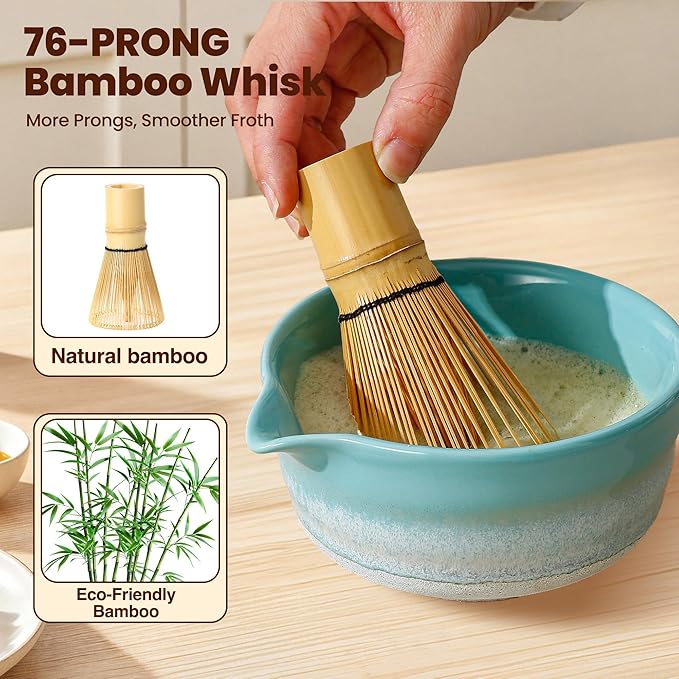 Matcha Whisk Set, Ceramic Matcha Kit Desert Style, Matcha Whisk and Bowl, Bamboo Scoop and Rest, Sifter and Tea Towel, 7 Pcs Gifts for Matcha Lover - Mint Green