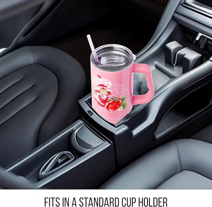 Silver Buffalo Strawberry Shortcake “You are Berry Special” Stainless Steel Tumbler with Handle, Fits in Standard Cup Holder, 40 Ounces