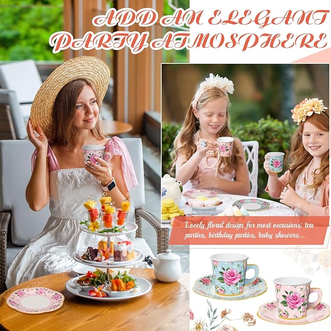 Umigy 36 Sets Tea Party Decorations 6.5 oz Floral Paper Tea Cups with Handle and Plates Disposable Blossom Teacups and Saucers Sets for Girls Kids Birthday Garden Wedding Party Supplies(Blue Pink)