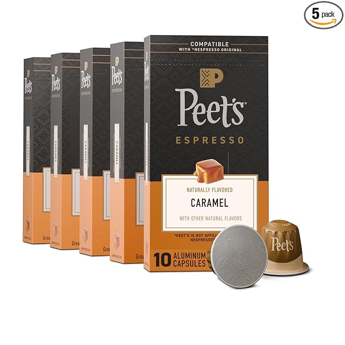 Peet's Coffee, Medium Roast Espresso Capsules, Compatible with Nespresso Original Machine - Caramel, 50 Count (5 Boxes of 10 Espresso Capsules)