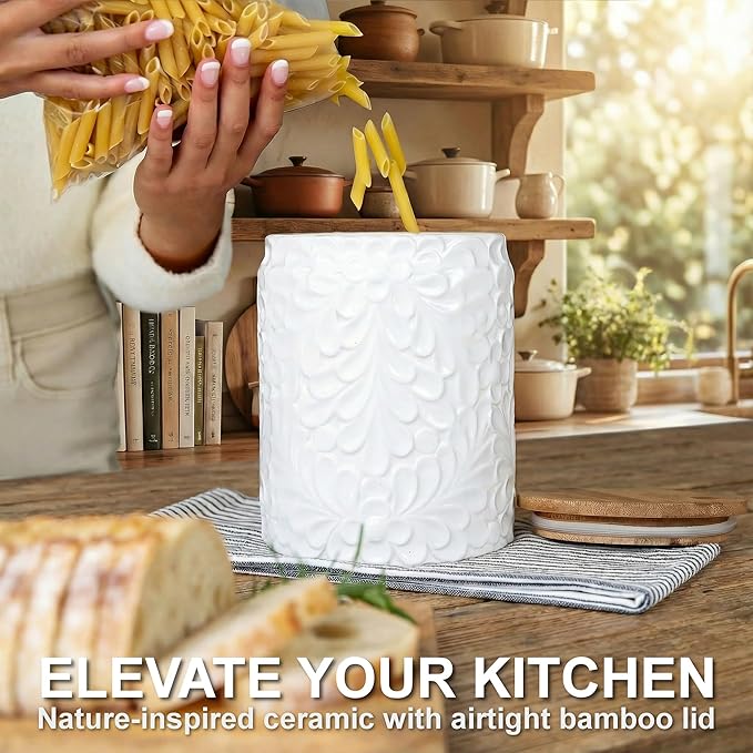 XXL 94 Oz Engraved Ceramic Kitchen Canister - Storage Jars with Airtight Lids Made from Bamboo with Nature-Inspired Engraving - Use as a Pasta Holder, Coffee Ground Holder, Rice Container, Candy Jar