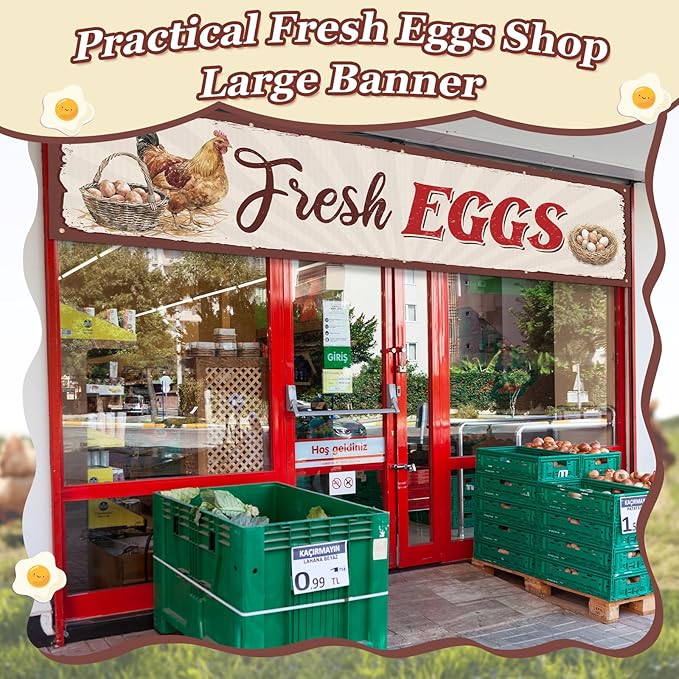 Tegeme Farm Fresh Eggs Sign, 24 x 120 inches/ 2 x 10 ft Rustic Fresh Eggs Banner Sign with 10 Grommets for Indoor Outdoor Chicken Coop Yard Business Supplies Farmers Market Decor