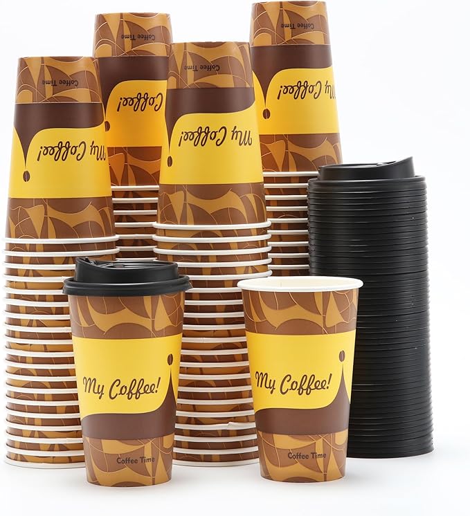 Tamone 100 Pack 16 oz Disposable Coffee Cups with Lids, Paper Coffee Cups with Lids, Cold/Hot Drinking Paper Cups for Water or Juice, Disposable Paper Cups for Home, Office