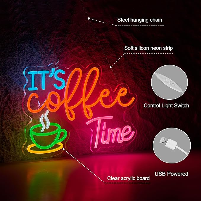 It's Coffee Time Neon Sign for Wall Décor Dimmable Coffee Station Farmhouse Bar Office Home Signs LED Neon Light USB Powered Art Decor