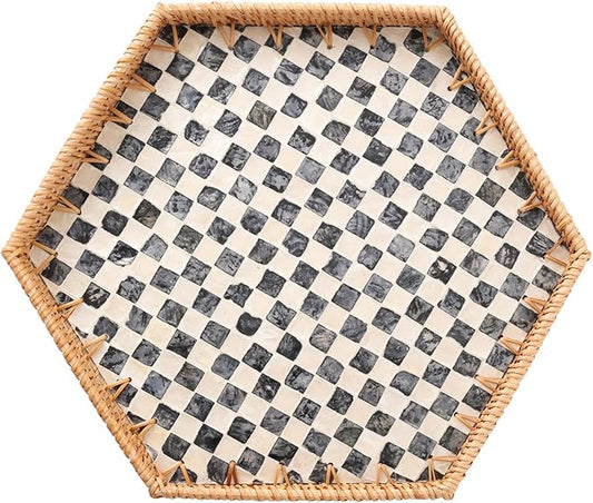 Hexagon Rattan Tray with Mother of Pearl Inlay, Rattan Serving Tray for Coffee, Bread, Fruits, Snacks, Decorative Wicker Tray for Table Decor, Home Decor (Black Checker, 14.5"×12.8")