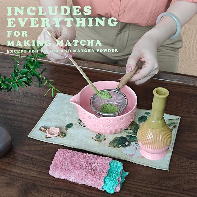 HAVIREST 8 pcs Matcha Whisk Set, Ceramic Bowl and Whisk Stand Spoon Holder Sifter Mat Towel, Japanese Ceremonial Grade Macha Tea Tools Kit, Gift for Women Match Starter Lover (Pink)