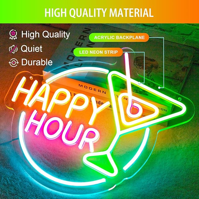 Basaneon Happy Hour Neon Sign Dimmable Led Happy Hour Neon Bar Signs for Home Bar, USB Powered Bright Cocktails Happy Hour Neon Signs for Wall Decor Bar Pub Man Cave Party Art Decor(14.1*12.5inches)