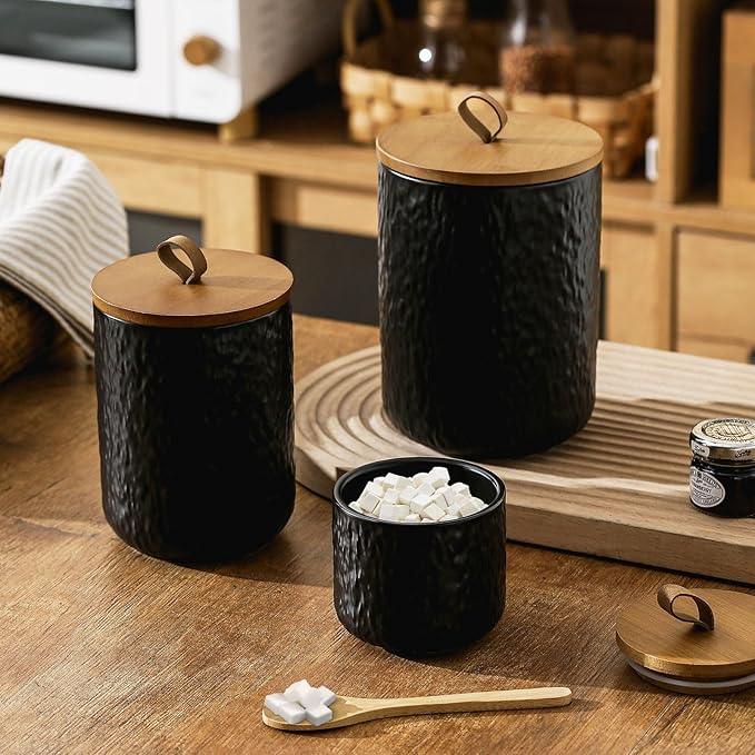Ceramic Canister Set for Kitchen Countertop, 3 Airtight Food Storage Containers, Modern Coffee Storage Jars for Flour, Sugar, Pasta, Cookies, Tea(Black)