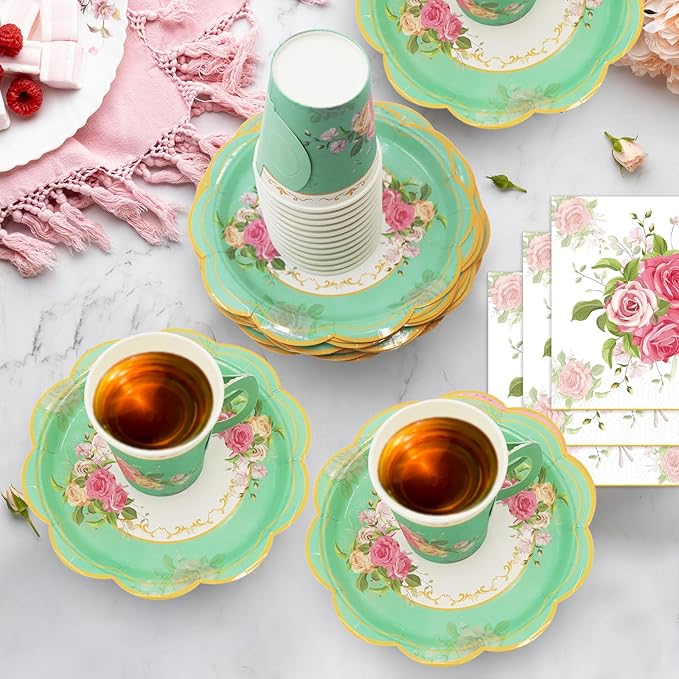 200Pcs Floral Tea Cups and Saucers for Tea Party Supplies, Disposable Tea Cups with Handle and Paper Napkins Dinnerware for Floral Theme Birthday Wedding Bridal Shower Baby Shower(Green)